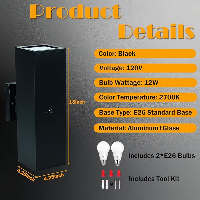 iYogaled Motion Sensor Outdoor Wall Light with 3 Light Modes, Dusk to Dawn Modern Aluminum Sconce with E26 Bulbs, Waterproof Exterior Lighting for Porch, Garage, Patio, Entryway, ETL Listed