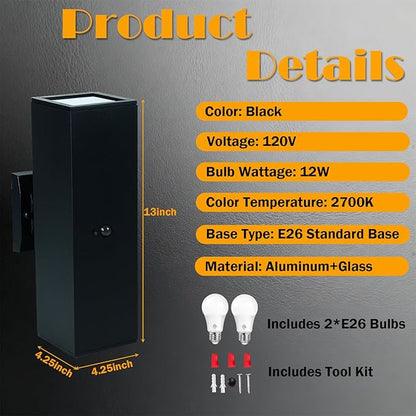 iYogaled Motion Sensor Outdoor Wall Light with 3 Light Modes, Dusk to Dawn Modern Aluminum Sconce with E26 Bulbs, Waterproof Exterior Lighting for Porch, Garage, Patio, Entryway, ETL Listed