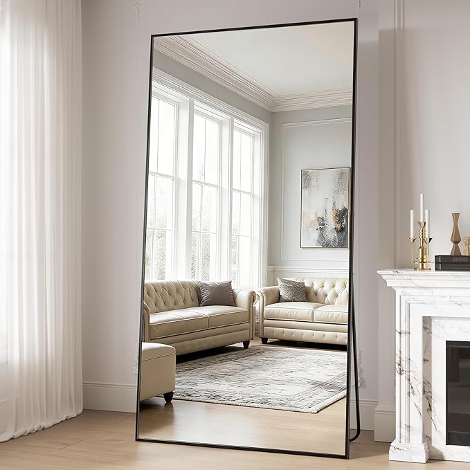 Large Full Length Mirror, 78"x35" Big Full Body Mirrors, Floor Mirror Full Length, Standing Mirror for Bedroom, Living Room Cloakroom, Tempered Glass, Aluminum Alloy, Black