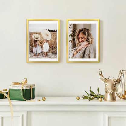 12x16 Picture Frame Set of 6, Display Pictures 11x14 with Mat or 12x16 Without Mat,Wall Gallery Photo Frames, Polished Gold