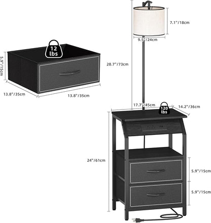 End Table with Floor Lamp, Nightstand with Charging Station, Floor Lamp Table with 3-Color Temperature Bulb, Bedside Table Night Stand with 2 Drawers for Bedroom, Living Room, Black