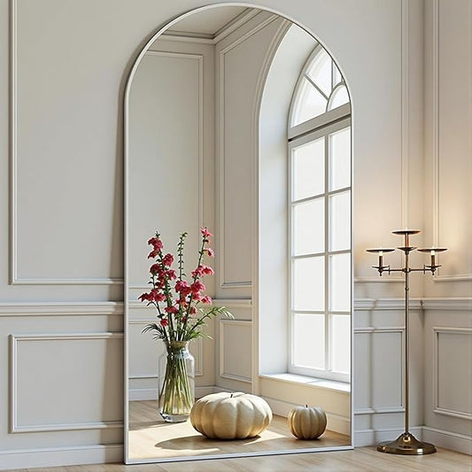 Prywot Full Length Mirror, 71"x30" Arched-Top Floor Mirrors, Modern Full Body Mirrors with Stand, Wall Mirror with Aluminum Alloy Frame for Bedroom,Living Room, White