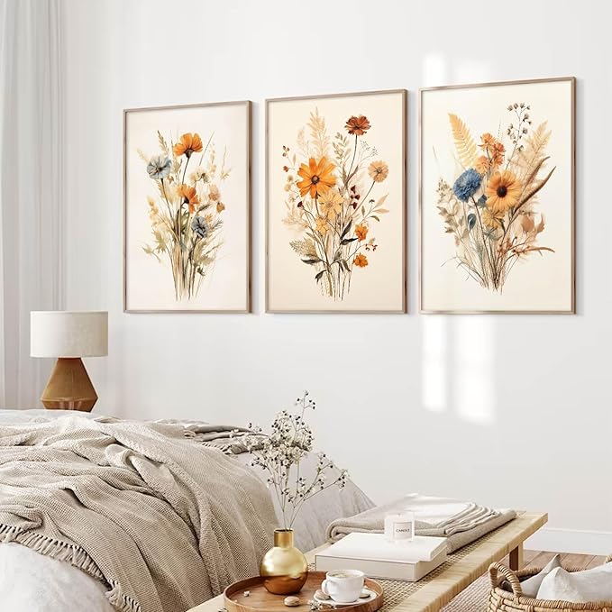 Botanical Floral Wall Art Set of 3 Vintage Wildflower Canvas Wall Decor Watercolor Rustic Farmhouse Wall Art Aesthetic Botanical Pictures Vintage Floral Prints for Room Bedroom 12x16 Inch Unframed