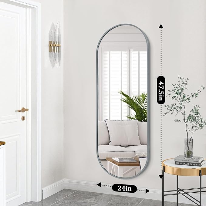 JJUUYOU Oval Full Length Bathroom Mirror 24"X48" Wall Mounted Mirrors Vanity Metal Frame Mirror Aluminum Alloy Frame Mirrors for Bedroom Entryway Living Room,Grey