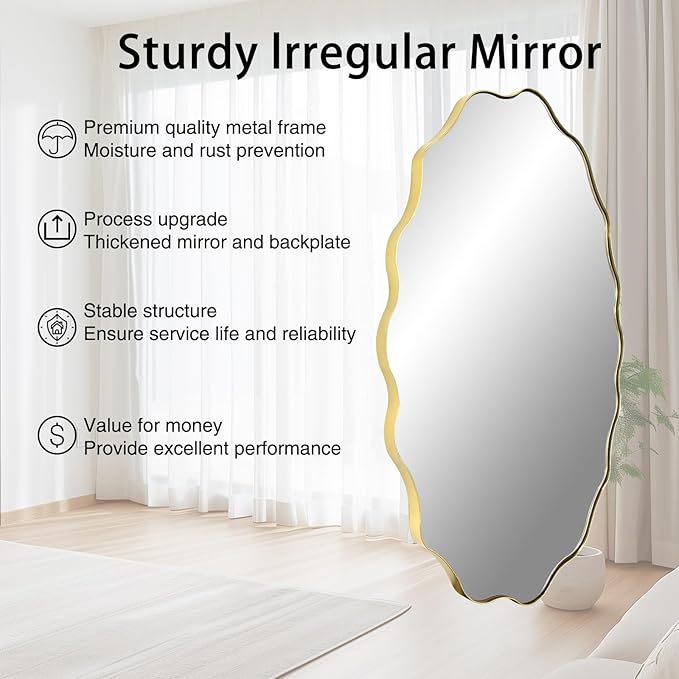 Scalloped Mirror, 35.5"x26" Oval Vanity Mirror for Over Sink, Gold Irregular Shaped Mirrors, Modern Wavy Round Mirrors for Living Room Bedroom Bathroom Hallway Entryway Fireplace