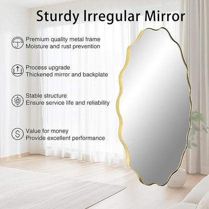 Scalloped Mirror, 35.5"x26" Oval Vanity Mirror for Over Sink, Gold Irregular Shaped Mirrors, Modern Wavy Round Mirrors for Living Room Bedroom Bathroom Hallway Entryway Fireplace