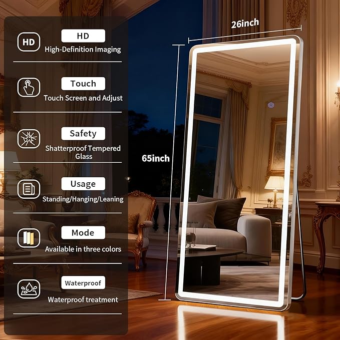 Led Mirror Full Length 26 x 65 Inch Tempered Glass Full Body Mirrors with Dimming & 3 Color Lighting Standing Leaning or Hanging Full Length Mirrors Lights for Bedroom Dressing Room Rect
