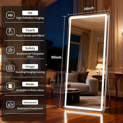 Led Mirror Full Length 26 x 65 Inch Tempered Glass Full Body Mirrors with Dimming & 3 Color Lighting Standing Leaning or Hanging Full Length Mirrors Lights for Bedroom Dressing Room Rect