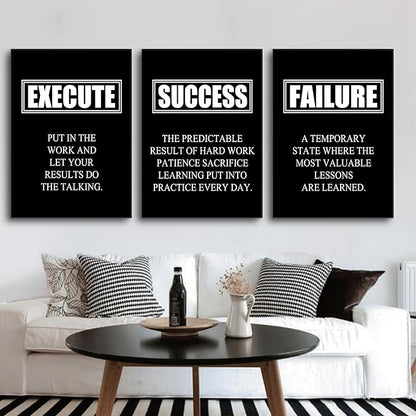 Motivational Wall Art Canvas Painting Decor Success Quote Execute Failure Definition 3 Pieces Black Inspirational Poster Positive Framed Artwork Prints Picture for Living Room Office [60''W x 28''H]