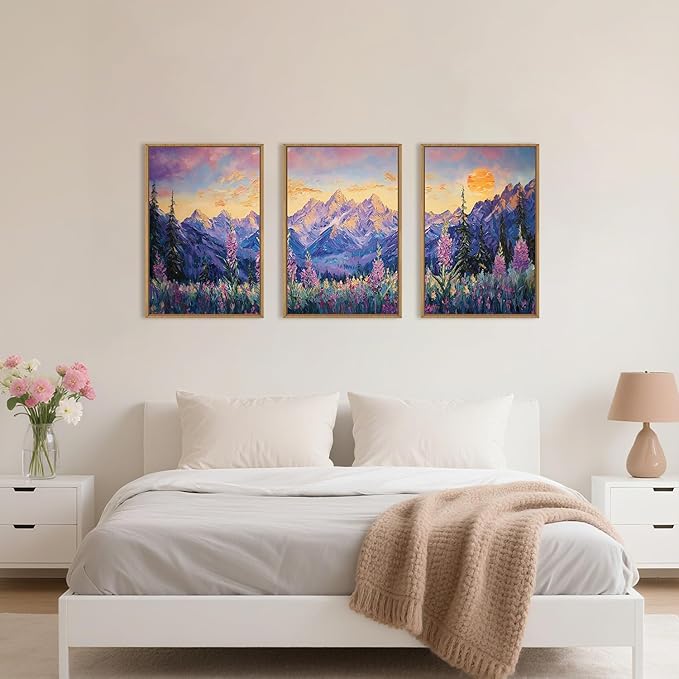HOURIA Vintage Purple Mountain Landscape Framed Canvas Wall Art Set,Watercolor Boho Floral Tree Wall Decor,Modern Natural Soft Sunlight Field Artwork for Living Room, Bedroom,Farmhouse-16 x24 x3