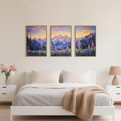 HOURIA Vintage Purple Mountain Landscape Framed Canvas Wall Art Set,Watercolor Boho Floral Tree Wall Decor,Modern Natural Soft Sunlight Field Artwork for Living Room, Bedroom,Farmhouse-24 x36 x3