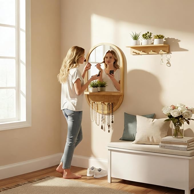 Wood Wall Mirror with Hooks, 30x18 Inch Boho Wall Mirror with Removable Shelf, Oval Solid Wood Framed, Handmade Rattan Mirror Decor Accent for Entryway, Bathroom, Nursery, Bedroom, Living Room