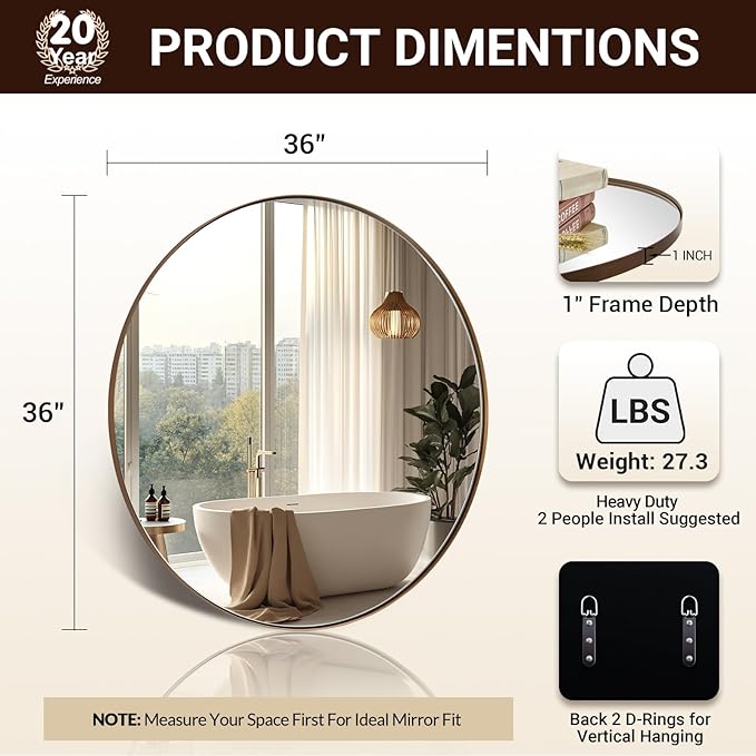 ANDY STAR Bronze Round Mirror 36 inch, Oil Rubbed Bronze Round Mirror in Metal Frame, Anti-Rust Large Bronze Vanity Mirror, HD Reflection, Wall-Mounted