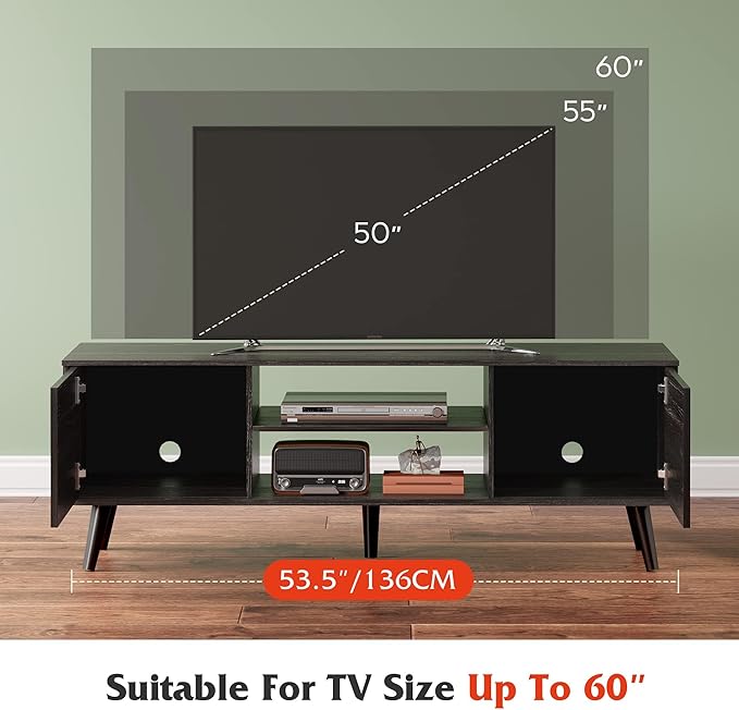 WLIVE Mid-Century Modern TV Stand for 55/60 Inch TV, Entertainment Center with Storage & Adjustable Shelves, Media Console with Soft-Close Cabinets for Living Room/Bedroom, Dark Black