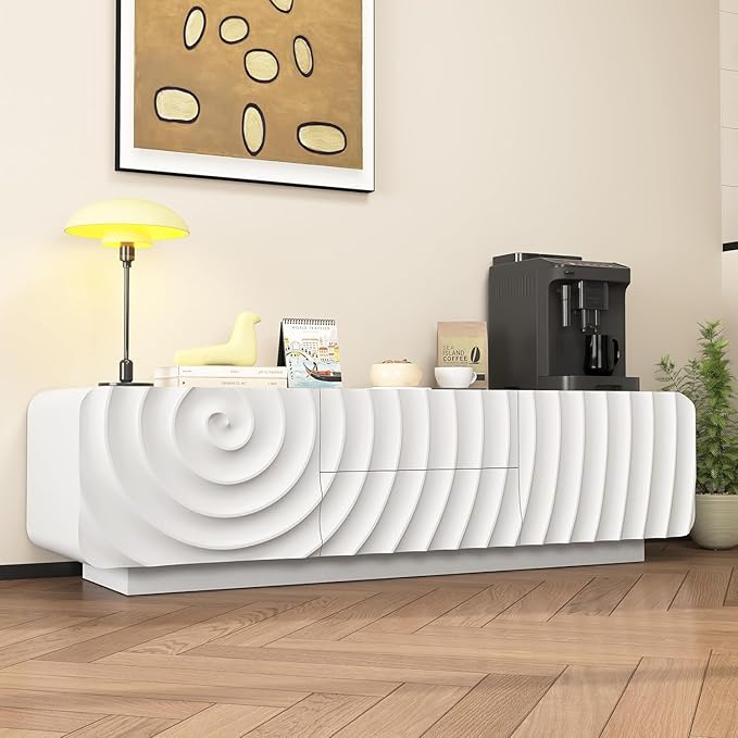 TV stand for 65'' TV , Media Console Table with Storage Cabinet, Spiral Wave Design,Low Profile Credenza for Living Room,Entertainment Center Television Stand with Curved Corner for Bedroom White