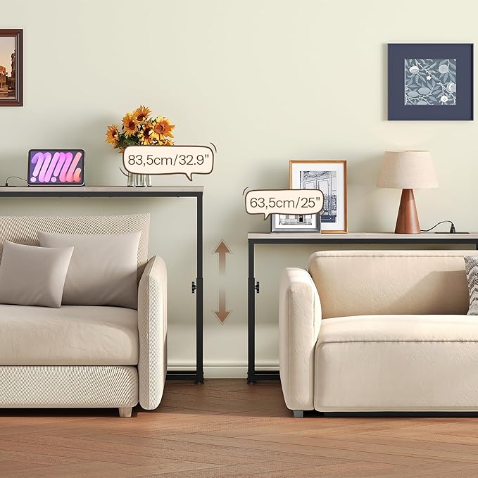 HOOBRO Narrow Console Table with Charging Station, Adjustable Height Sofa Table (25''-32.9''), Slim Behind Couch Table for Small Spaces, Entryway, Living Room, 39.4" Greige BG95UXG01