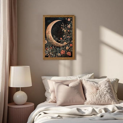 JLTULT Framed Vintage Floral and Moon Canvas Wall Art, Dark Mystical Celestial Floral Wall Decor, William Morris Gothic Prints Artwork for Bedroom Living Room Office Decoration 16x24 in Easy to Hang