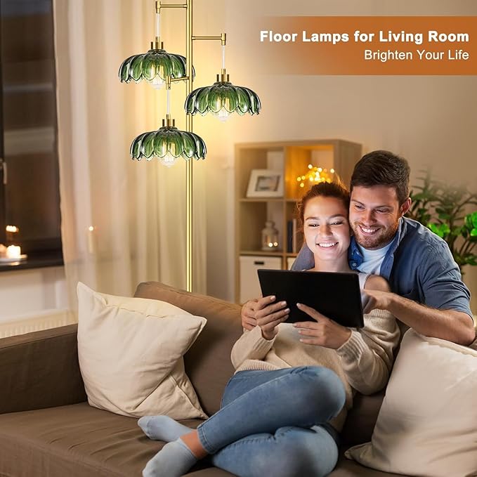 AHDWDW Gold Floor Lamp for Living Room Bedroom,Modern Floor Lamps with Unique Green Glass Shades,3 Lights Mid Century Tall Standing Lamp,Vintage Tree Flower Floor Lamp for Corner Office Reading