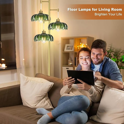 AHDWDW Gold Floor Lamp for Living Room Bedroom,Modern Floor Lamps with Unique Green Glass Shades,3 Lights Mid Century Tall Standing Lamp,Vintage Tree Flower Floor Lamp for Corner Office Reading