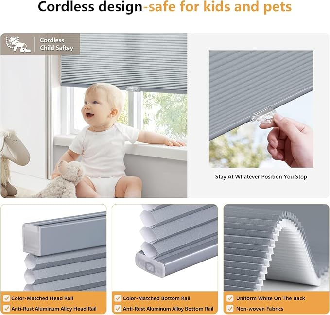 LazBlinds Cordless Cellular Shades, Light Filtering Honeycomb Shades for Home, Thermal Insulation Noise Reduction Blinds for Windows, 22'' W x 48'' H, Dark Grey