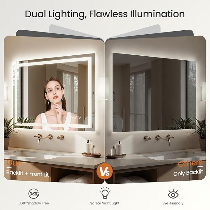 30X36 LED Bathroom Mirror with Lights, Anti-Fog, Dimmable - Lighted Bathroom Vanity Mirror with Front & Back Light, 3 Color Temperatures, Memory Function, Tempered Glass (Horizontal/Vertical)