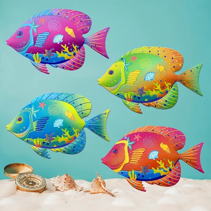 Oraytteo Metal Fish Wall Decor, Set of 4 Fishes Wall Art Decorations for Barthroom Fence Pool Patio Beach Home Decor, Indoor or Outdoor Decorations