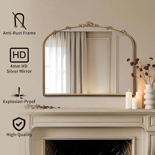 Besdomus Vintage Gold Arched Mirror: 36"x29" Traditional Ornate Antique Mirror - French Baroque Decorative for Wall/Mantel/Bedroom/Entryway/Bathroom/Hallway - Home Decor for Fashion-Conscious