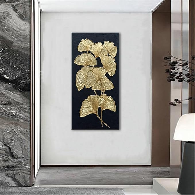 Slyart Large Gold Gingko Paintings Vertical Textured Wall Art, Gold and Black 3D Abstract Oil Painting on Canvas Wall Art Ready to Hang