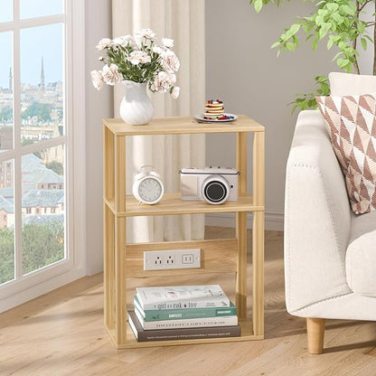 YUFAM 3 Tier Small Narrow Bamboo Side Table Set of 2 with Charging Station - Skinny Nightstand for Small Spaces, Slim Bedside Table with USB Ports and Outlets - Thin End Table with Storage, Natural