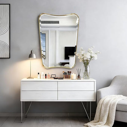 POZINO Irregular Beveled Mirror, 24"x36" Modern Bathroom Vanity Mirror, Brushed Gold Aesthetic Mirrors with Stainless Steel Frame, Butterfly Shape Wall Mirrors for Bedroom Living Room Entryway