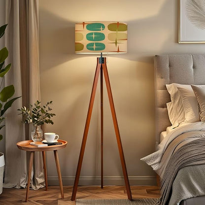 Wood Tripod Floor Lamp Retro Abstract Era Seamless 1950s 1960s 1970s modern abstract texture Mid Century Standing Lamp Linen Shade Dimmable Modern Tall lamp Home Decor for Living Room Bedroom Office