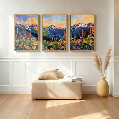 ANHUIB Colorful Wildflower Wall Art Boho Mountain Wall Decor Nature Floral Art Print 16x24 Inch Set of 3 for Living Room Bedroom Dining Room