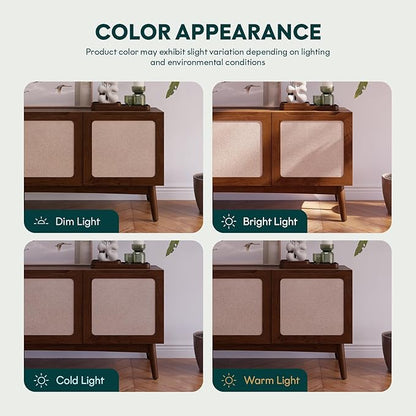Calista TV Stand 1 Drawer 2 Door – Chestnut Finish Media Console with Open Shelf & Fabric Panel Doors, Mid-Century Modern Style with Tapered Legs, Easy Assembly