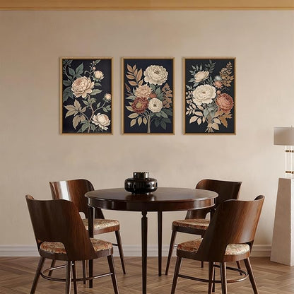 HOURIA Large Moody Dark Flower Framed Canvas Wall Art,Retro Beige Red Peony Wall Decor,Vintage Textured Blossom Botanical Artwork,Natural Wildflower Art Print for Living Room,Bedroom,Office-24 x36 x3
