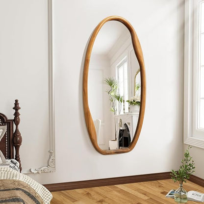 JJUUYOU Wooden Frame Wall Mirror Irregular Mirrors for wall 40"X20" Asymmetrical Decorative Vintage Hanging Mirror for Bathroom Bedroom Living Room Cloakroom Entryway Brown