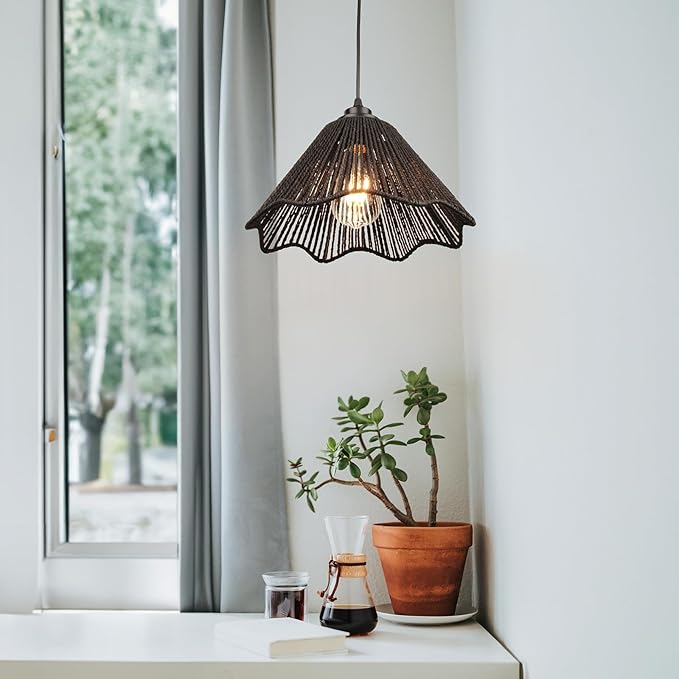 Rattan Plug in Pendant Light Set of 2 (Bulbs Included), 12"x6" Boho Hanging Lights with 13FT Black Hemp Plug-in Cord, On/Off Switch for Living Room, Bedroom, Kitchen