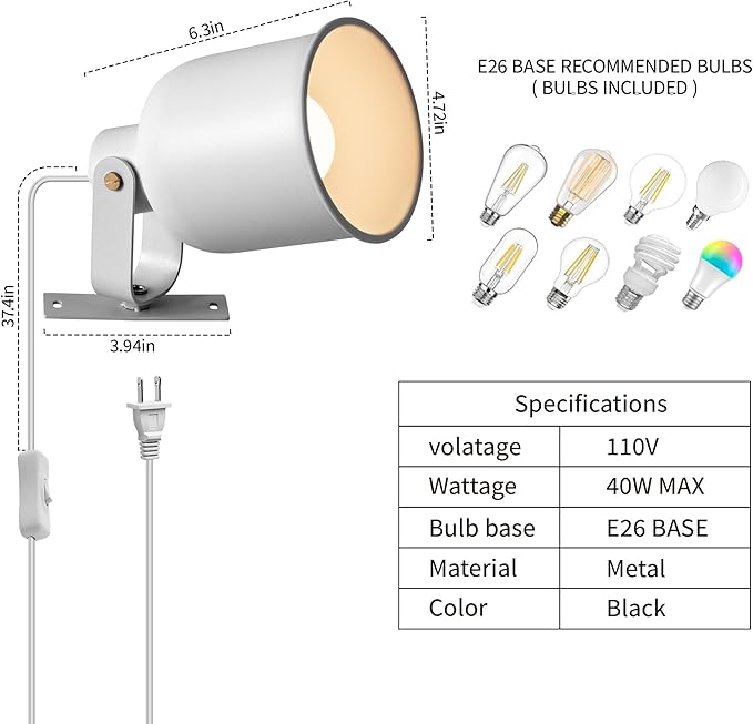 Aisilan Plug-in Wall Sconce Lighting, Adjustable Wall Light for Bedroom Bedside, Modern Indoor Wall Sconce for Reading with Cord, Easy Install 7W 3000K Bulb for Living Room Hallway