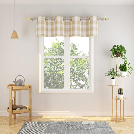 3 Pc Cotton Classic Country Farmhouse Kitchen Window Curtain Grommet Top -Beige & White Buffalo Check Tier & Valance Set, 54" x 18" / 32" x 24"