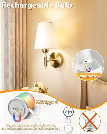Adetu Battery Operated Wall Sconces Set of Two, Gold Rechargeable Wall Lights with 10000mAh RGB Rechargeable Magnetic Bulb, Battery Wall Sconce with Remote Control for Bedroom Decor