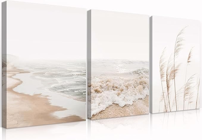 HDXUFJQ Neutral Beach Coastal Canvas Wall Art Beach Boho Botanical Pampas Grass Wall Decor Minimalist Nature Landscape Pictures Painting Summer Ocean Prints Waves Artwork(16"x24")