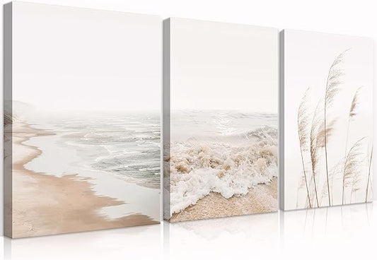 HDXUFJQ Neutral Beach Coastal Canvas Wall Art Beach Boho Botanical Pampas Grass Wall Decor Minimalist Nature Landscape Pictures Painting Summer Ocean Prints Waves Artwork(16"x24")