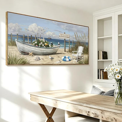 Large Framed Modern Nature Wall Art, Canvas Beach Coastal Landscape Print, Blue Ocean Seaside Decor Painting For Living Room Bedroom Office Dining Room Hallway, Ready To Hang 58X29 Inch