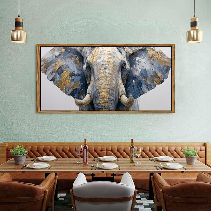 Elephant Animal Wall Art Bedroom Wall Decor African Wildlife Picture Canvas Wooden Framed Abstract Golden Painting Animals Portrait Poster Prints Artwork for Kitchen Living Room Home Decoration 30x57.8"