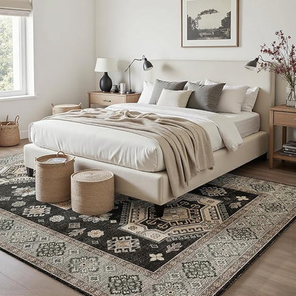 9x12 Area Rugs Black and White Washable Rug for Living Room, Dining Room, Bedroom, Large Carpets, Non Slip & Non-Shedding Low Pile Vintage Print Rug for Home Office Decor