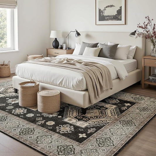 9x12 Area Rugs Black and White Washable Rug for Living Room, Dining Room, Bedroom, Large Carpets, Non Slip & Non-Shedding Low Pile Vintage Print Rug for Home Office Decor