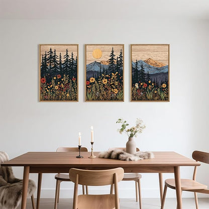 Houria Mid Century Woodland Mountain Framed Canvas Wall Art Set,Vintage Natural Sunset Wildflower Forest Field Decor,Wilderness Boho Floral Pine Tree Landscape Artwork for Living Room,Office-24"x36"x3