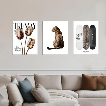 Trendy Leopard Canvas Wall Art Set of 3 Cheetah Printed Preppy Fashion Skateboard Wall Decor Preppy Room Aesthetic posters Prints for Girls Bedroom Apartment Dorm 16x24in Framed Decoration