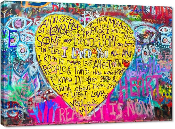 Large Size Banksy Street Decor Poster Canvas Graffiti Wall Art I Loved You Yellow Love Heart Wall Art Canvas Prints and Painting Home Wall Decor Office Framed Graffiti Art Easy to Hang -44" WX28 H