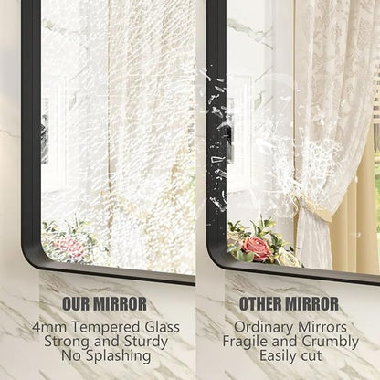 40x30 Black Bathroom Mirror, Matte Framed Bathroom Vanity Mirror for Wall, Modern Rectangle Mirror, Rounded Corners, Tempered Glass (Horizontally/Vertically)