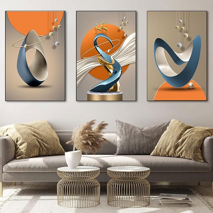 3 Pcs Modern Abstract Canvas Wall art Golden Deer Luxury Foil Lines Paintings Pictures Wall Decor White Blue orange color Grey posters Prints for Living Room Bedroom Office Home Decoration Unframed